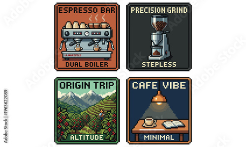 A graphic designer creates minimalistic cafe vibe badges for an espresso bar with precision grind coffee machines on a wooden table in a mountainous origin trip location.