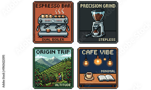 A digital illustration shows four coffee-themed badges on a white background with espresso machine precision grind and cafe vibe elements.