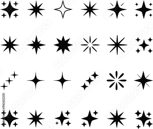 Set of black and white star silhouettes in a seamless decorative vector pattern design