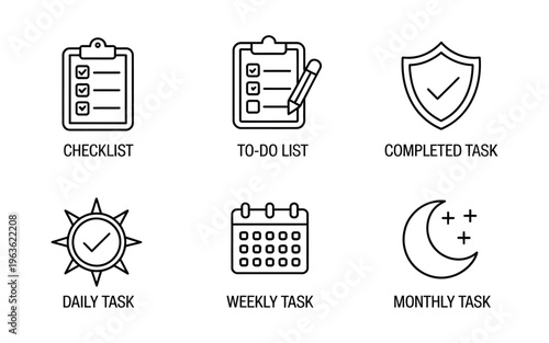 Checklist to do list completed task icons, daily weekly monthly task management symbols, minimal bold line icon set for productivity planning.