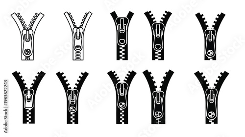Various black zipper designs arranged in a grid silhouette