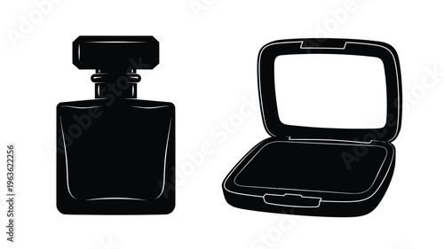 Black cosmetic bottles and compact a striking graphic silhouette