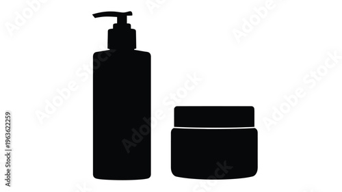 Black cosmetic bottles and jar in a stark simple silhouette