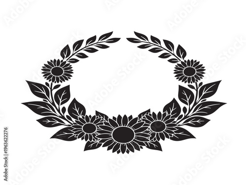 Beautiful sunflower and leaf wreath silhouette for rustic farmhouse decor