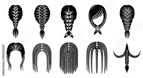 Variety of intricate braided hairstyles presented as a dark silhouette
