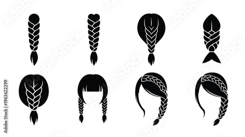 Various braided hairstyles depicted in a stark black silhouette