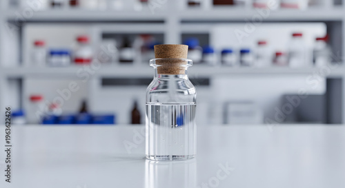 A small glass bottle with a cork stopper on a laboratory counter