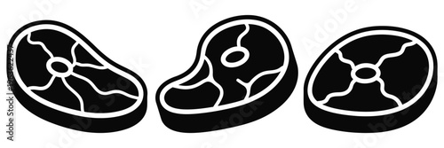 Black and white illustration of three steak cuts with visible marbling