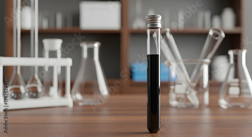 Laboratory equipment and glassware on a wooden table