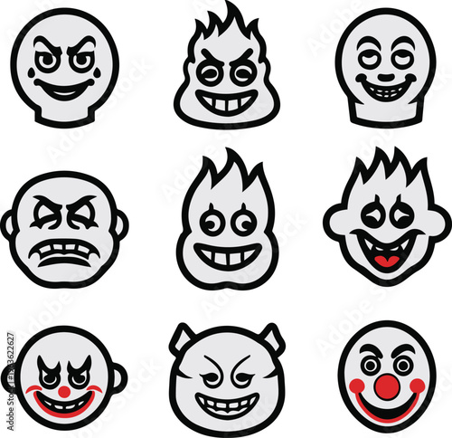 meme culture sticker icon set, icons troll face fire brain clown, bold outline style, clean vector 1.eps