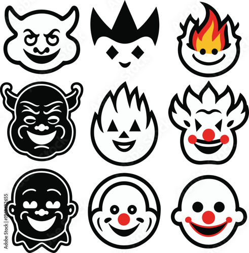 meme culture sticker icon set, icons troll face fire brain clown, bold outline style, clean vector 2.eps