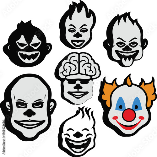 meme culture sticker icon set, icons troll face fire brain clown, bold outline style, clean vector 3.eps