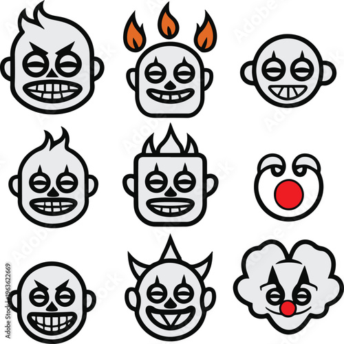 meme culture sticker icon set, icons troll face fire brain clown, bold outline style, clean vector.eps