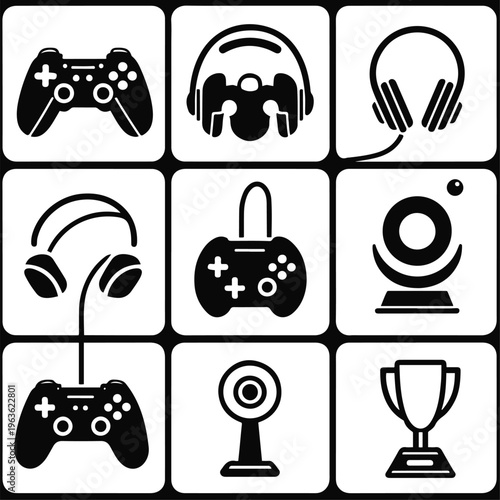 gaming sticker icon set, 9 icons controller headset joystick trophy, bold outline mix, clean vector.eps