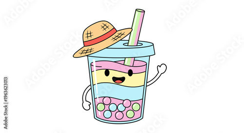 Cartoon boba tea with hat straw.