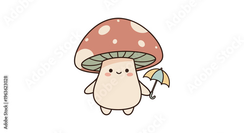 Cute cartoon mushroom character smiling.