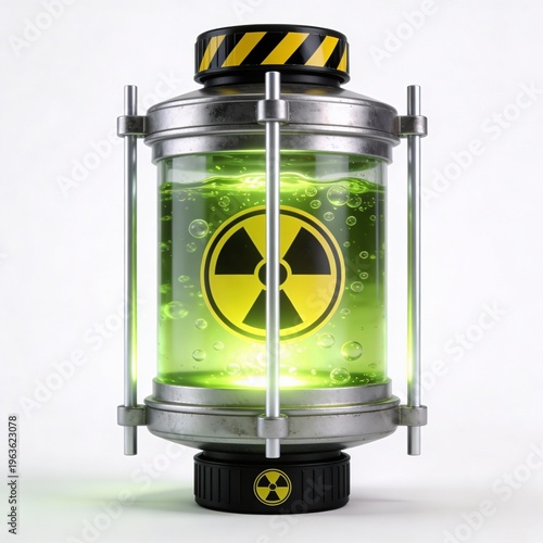Radioactive Material Container: A scientific illustration of a container holding a bright green radioactive substance, with a prominent radiation symbol, depicting a hazard.