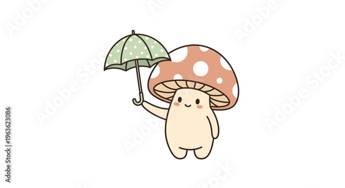 Cute cartoon mushroom character with umbrella.