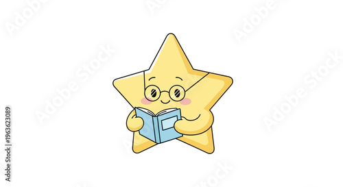 Smiling star character reading book.