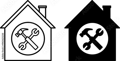 Home Repair Icons. Line and Glyph Vector Icons. House Building, Wrench, and Hammer. Restoring and Improving Living Space. Repair Concept
