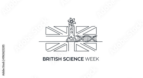 British Science Week: DNA, Flask, Atom Symbol on UK Flag Background