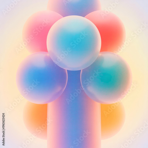 Soft Pastel Spheres Stacked on Central Pillar with Gradient Background, 3D Render