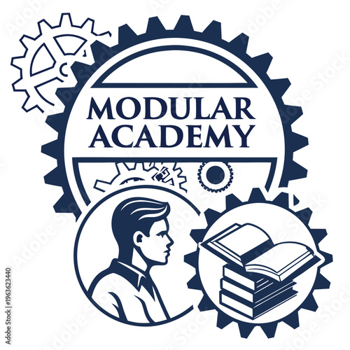 Modular academy education emblem with gears books and human profile