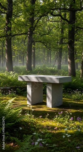 Serene stone table in a misty sunlit forest clearing surrounded by lush green foliage and delicate wildflowers, evoking tranquility and nature's beauty.