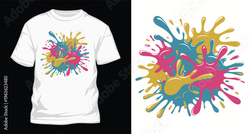 A white t-shirt with a colorful paint splatter design