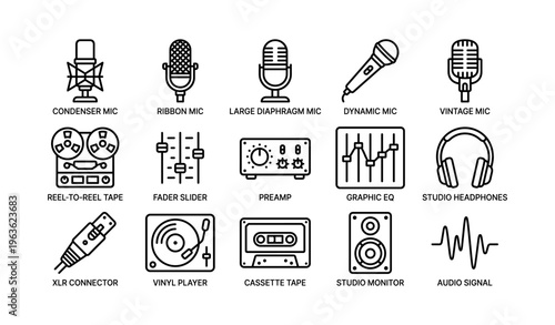Variety of microphones and audio equipment icons
