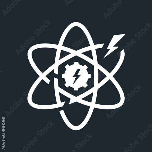 Science, Technology, and Energy Icon. Atomic model with gear and lightning bolt symbol. Innovation, engineering, research concept.