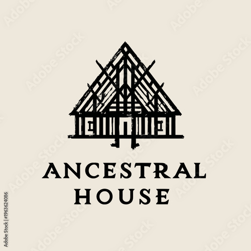 Minimalist Ancestral House Logo Design. Traditional Rustic Hut Architecture Icon. Ethnic Tribal Home Line Art Vector Illustration.