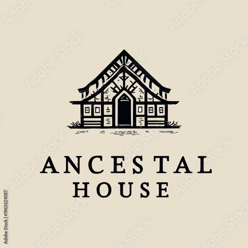 Stylized traditional house illustration with vintage hand-drawn details, rustic architecture, and heritage design concept