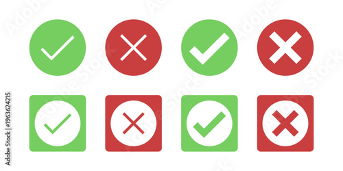 Green checkmark and red cross icon set, tick and x symbols for approved and rejected validation, minimal vector pictograms representing right and wrong, business compliance, audit and quality control.