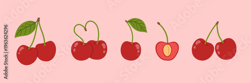 Cherry fruit set with green leaves. Sweet ripe berries collection. Garden juicy fresh fruits for summer design. Flat vector illustration on soft pink background.