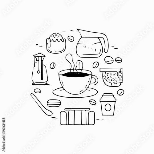 Coffee cup with breakfast food items.