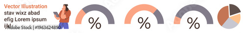 Analytics, progress tracking, data , business solutions, performance metrics, statistics. Three percentage gauges and a pie chart. Analytics and progress tracking visualization concept
