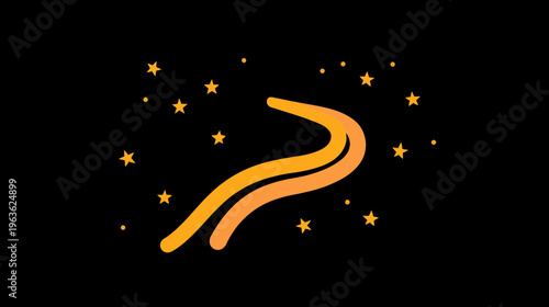 Dynamic golden yellow wavy line surrounded by twinkling stars on a black background. Abstract graphic design element.