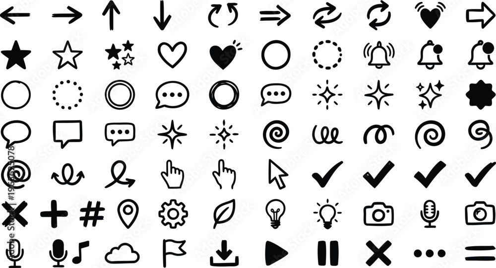 Fototapeta premium A collection of various black icons on a white background for design and communication purposes