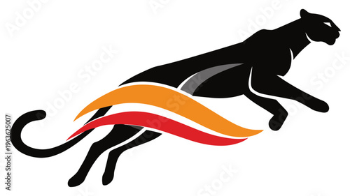 Powerful black panther silhouette leaping with vibrant orange and red abstract speed streaks, symbolizing speed, energy, and strength.