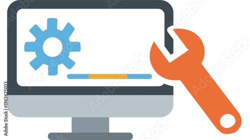 Computer maintenance, system update, and technical support icon with gear, progress bar, and wrench on monitor screen.