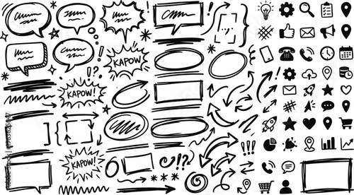 A collection of hand-drawn comic book style speech bubbles and icons on a white background