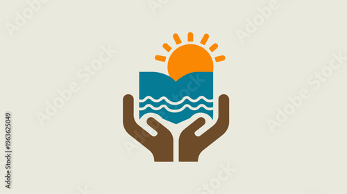Global environmental protection and nature conservation icon with hands holding sun and water in a stylized landscape.