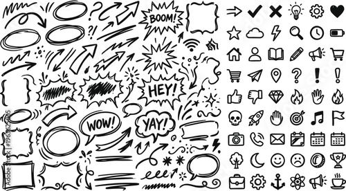 A collection of various comic book style speech bubbles and icons on a white background