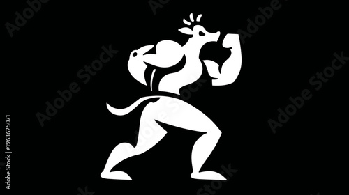 Stylized muscular ox illustration flexing bicep, depicting strength, power, and fitness. Graphic animal mascot on black background.