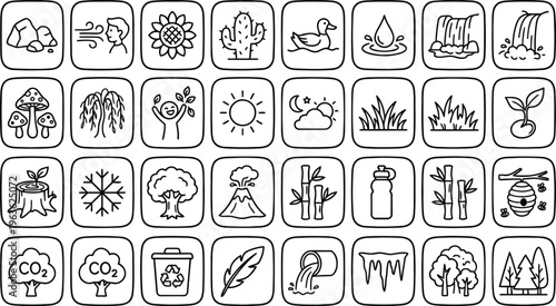 A collection of eco-friendly icons on a white background