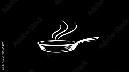 Hand-drawn illustration of a steaming frying pan. Hot skillet with rising steam, indicating fresh food or cooking. Kitchen utensil graphic element.