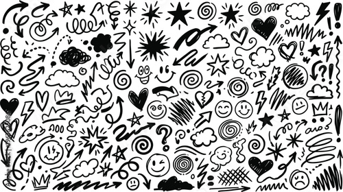 A playful collection of hand-drawn doodles and symbols on a white background