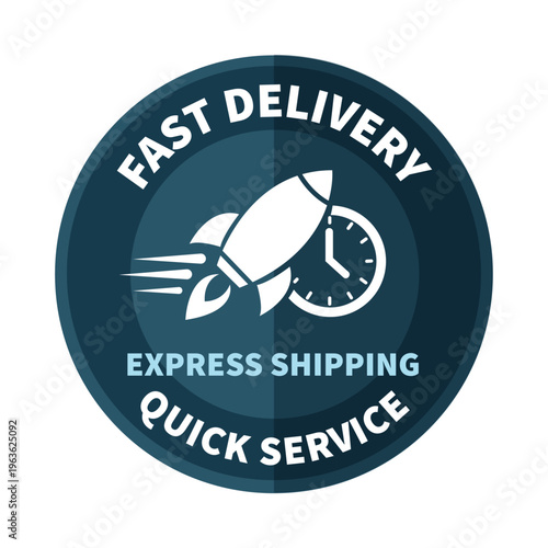 Circular dark blue e-commerce delivery badge featuring white text that reads 'FAST DELIVERY EXPRESS SHIPPING QUICK SERVICE' alongside a rocket and analog clock icon for rapid fulfillment guarantee.
