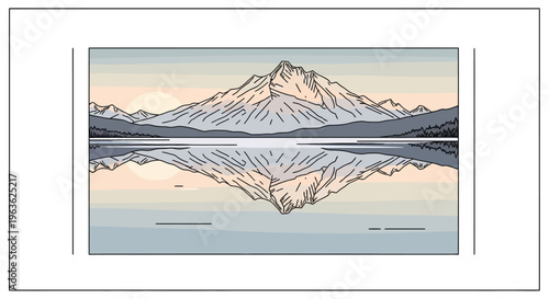 Mountain reflected in calm lake water.